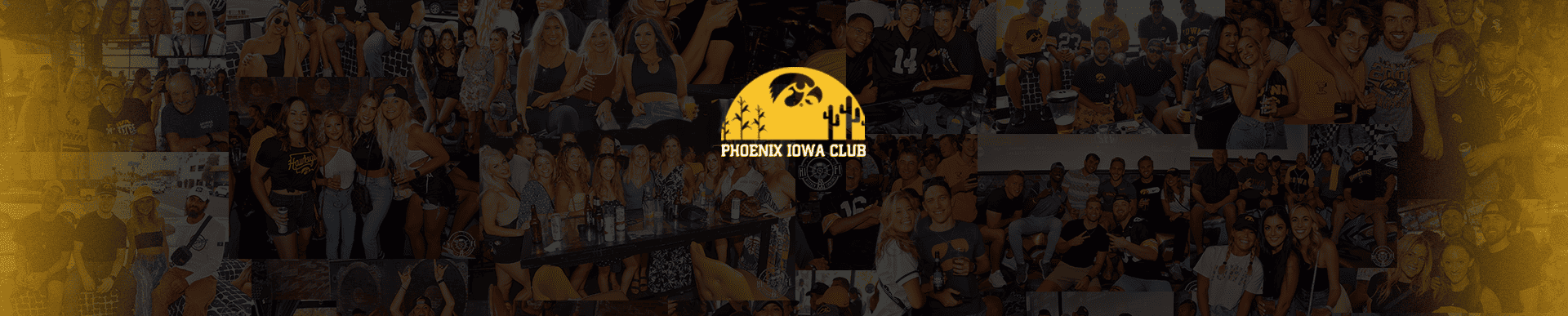Collage of social event photos featuring the Phoenix Iowa Club logo at the center, with people celebrating in Iowa Hawkeyes apparel.
